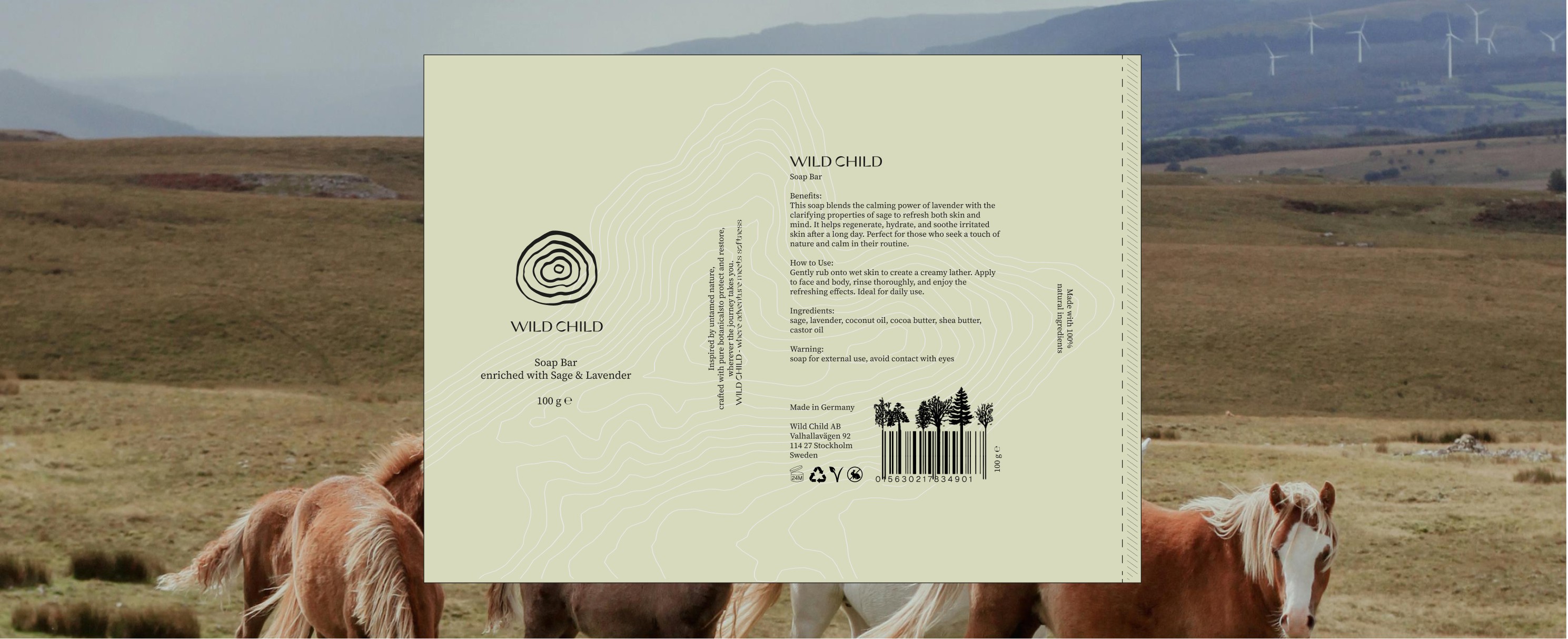 Seifenverpackung vor einer Landschaft mit Pferden